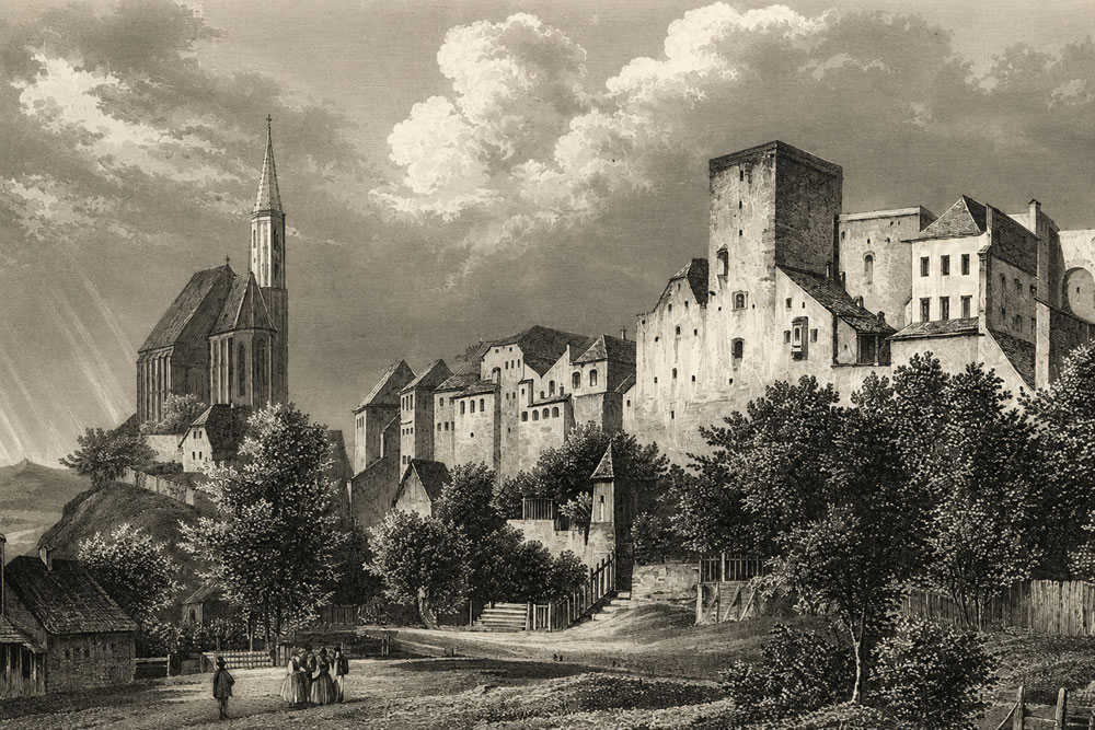 Stadtbefestigung Neuötting - Stahlstich, um 1850 Stadtbefestigung Neuötting im Landkreis Altötting