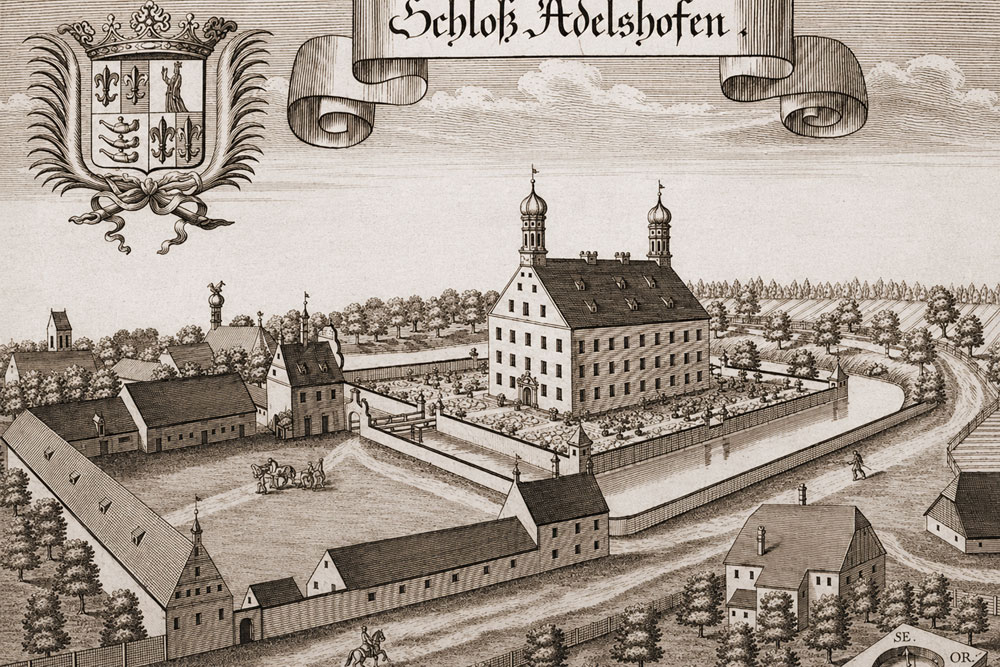 Schloss Adelshofen – Kupferstich von Michael Wening aus der „Historico topographica descriptio Bavariae“, 1701 Schloss Adelshofen im Landkreis Fürstenfeldbruck