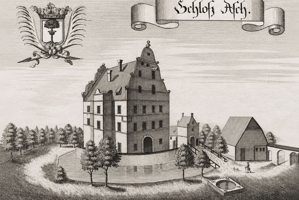 Schloss Asch (Adelssitz Asch) – Kupferstich von Michael Wening aus „Historico Topographica Descriptio“, 1726 Schloss Asch (Adelssitz Asch) im Landkreis Freising