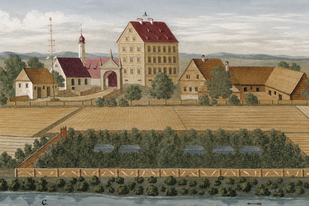 Schloss Erching (Wasserschloss Erching) – Gemälde von Valentin Gappnigg im Fürstengang Freising, 1699 (Detail) Schloss Erching (Wasserschloss Erching) im Landkreis Freising