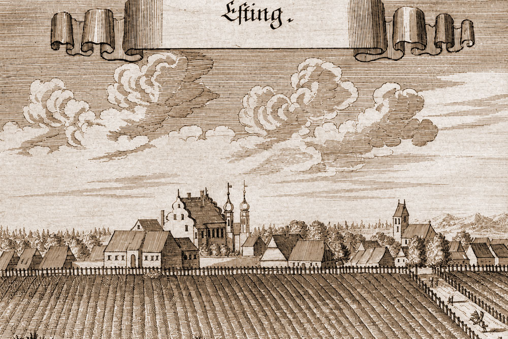 Schloss Esting – Kupferstich von Michael Wening aus der „Historico topographica descriptio Bavariae“, 1701 Schloss Esting im Landkreis Fürstenfeldbruck
