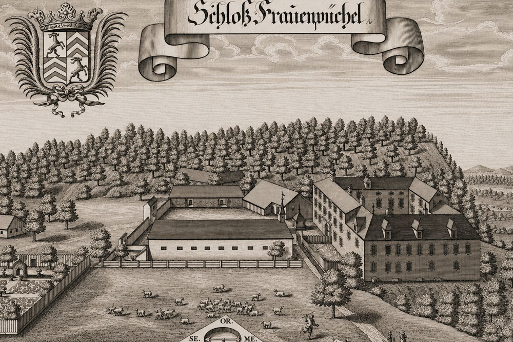 Schloss Frauenbühl (Schloss Winhöring) – Kupferstich von Michael Wening, 1721 Schloss Frauenbühl (Schloss Winhöring) im Landkreis Altötting