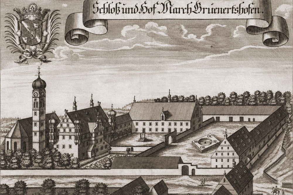 Schloss Grunertshofen – Kupferstich von Michael Wening aus der „Historico topographica descriptio Bavariae“, 1701 Schloss Grunertshofen im Landkreis Fürstenfeldbruck
