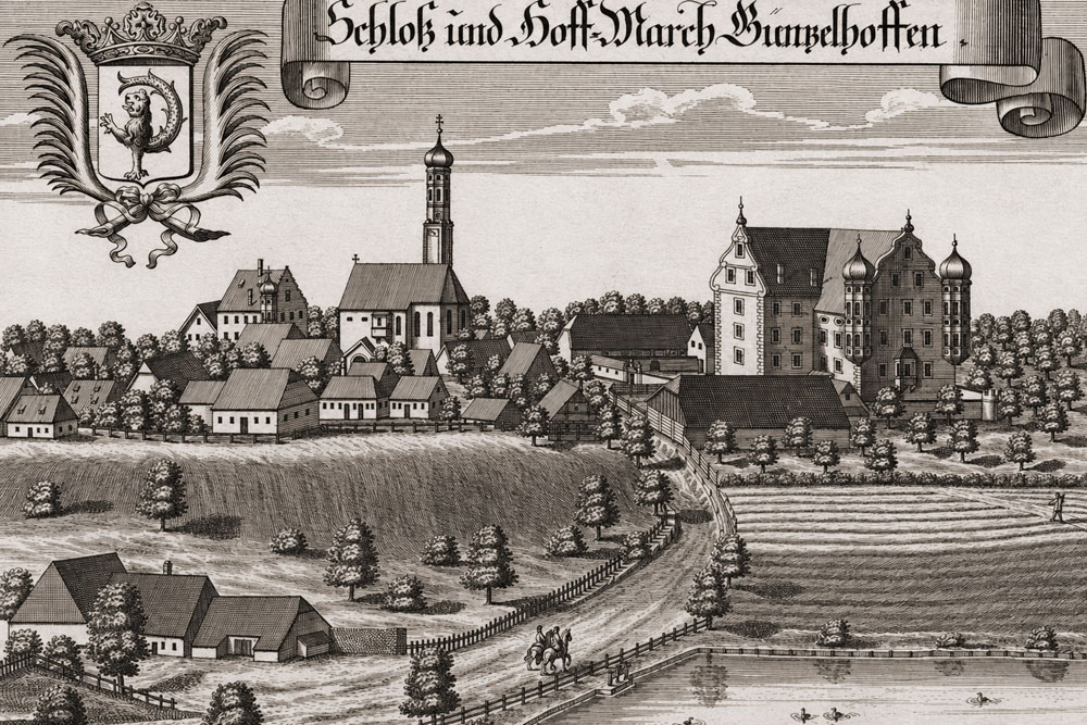 Schloss Günzlhofen – Kupferstich von Michael Wening aus der „Historico topographica descriptio Bavariae“, 1701 Schloss Günzlhofen im Landkreis Fürstenfeldbruck