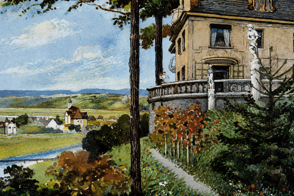 Schloss Höhenroth – Historische Künstlerkarte, um 1900 gelaufen Schloss Höhenroth im Landkreis Fürstenfeldbruck