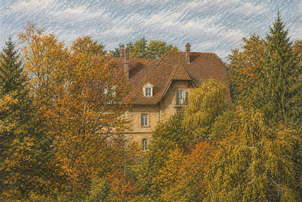 Schloss Hohenberg (Seeshaupt) - Pastellzeichnung Schloss Hohenberg (Seeshaupt) im Landkreis Weilheim-Schongau