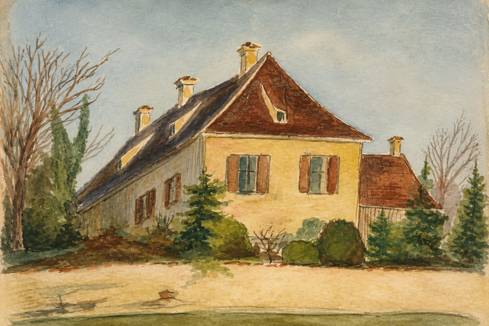 Schloss Kammerberg (Wasserschloss Kammerberg) - Historische Künstlerkarte mit einem Aquarell von Schloss Kammerberg von Jos. Moosreiner, 1910 gelaufen Schloss Kammerberg (Wasserschloss Kammerberg) im Landkreis Freising