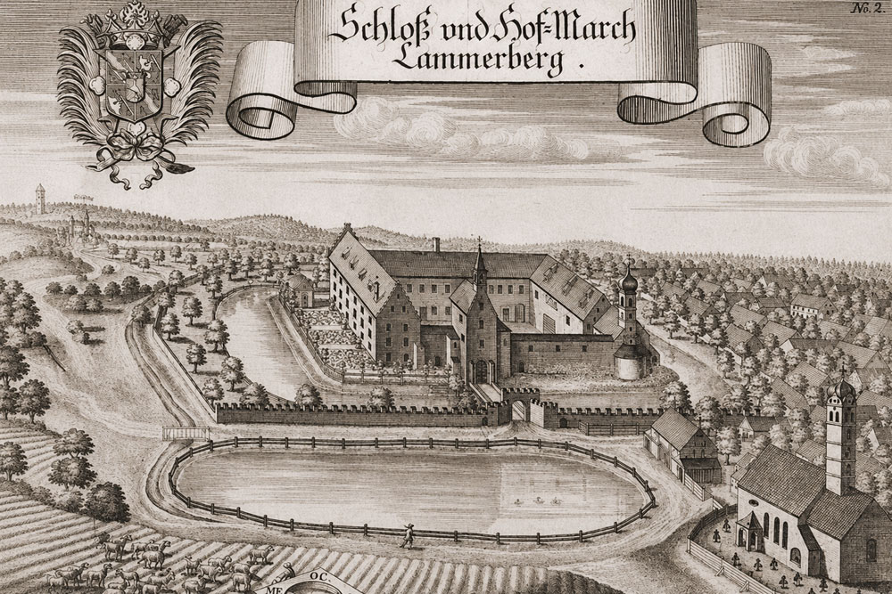 Schloss Kammerberg (Wasserschloss Kammerberg) – Kupferstich von Michael Wening aus „Historico Topographica Descriptio“, 1726 Schloss Kammerberg (Wasserschloss Kammerberg) im Landkreis Freising