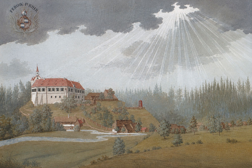 Schloss Ottenburg - Schloss Ottenburg auf einem Gemälde im Fürstengang Freising, 1699 (Detail) Schloss Ottenburg im Landkreis Freising