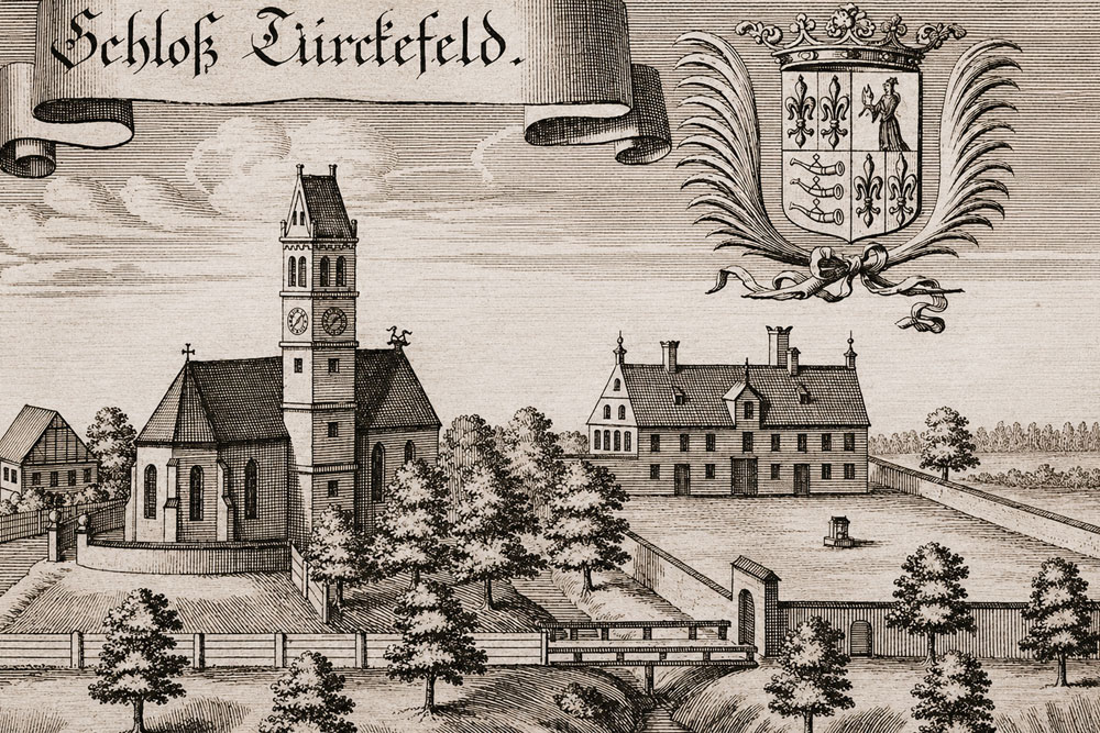 Schloss Türkenfeld (Fuggerschloss Türkenfeld) – Kupferstich von Michael Wening aus der „Historico topographica descriptio Bavariae“, 1701 Schloss Türkenfeld (Fuggerschloss Türkenfeld) im Landkreis Fürstenfeldbruck