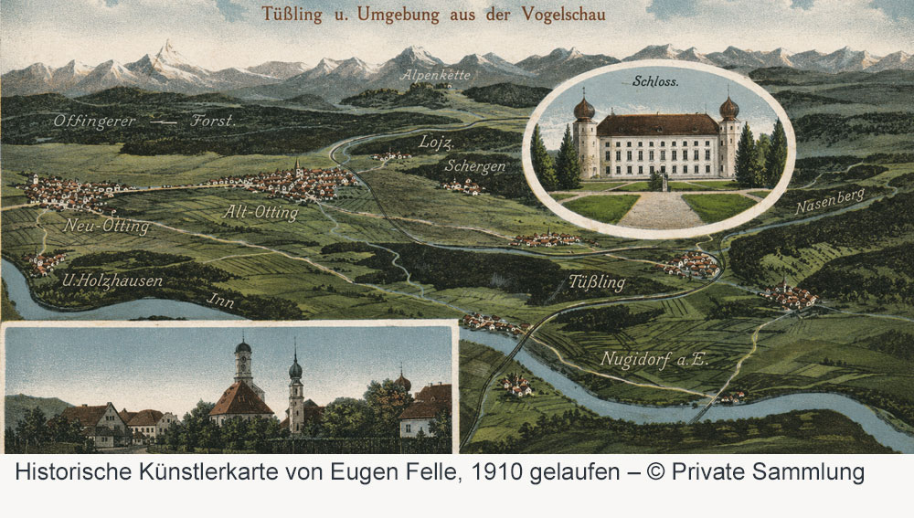 Schloss Tüssling - Historische Künstlerkarte von Eugen Felle, 1910 gelaufen Schloss Tüssling im Landkreis Altötting