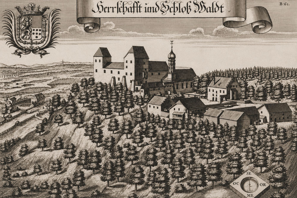 Schloss Wald an der Alz – Kupferstich von Michael Wening, 1721 Schloss Wald an der Alz im Landkreis Altötting