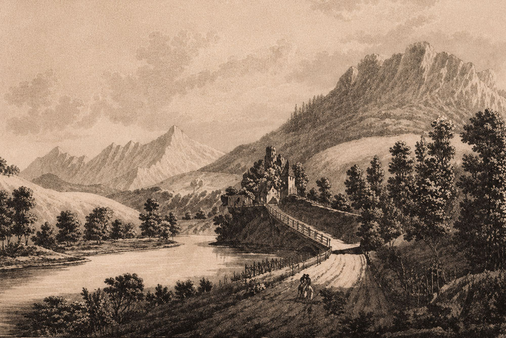 Turm Schellenberg (Passturm, Klause) - Kupferstich auf getönter Platte aus Benedikt Hacker „Kleine malerische Erinnerungen an Salzburg“, um 1820 Turm Schellenberg (Passturm, Klause) im Landkreis Berchtesgadener Land
