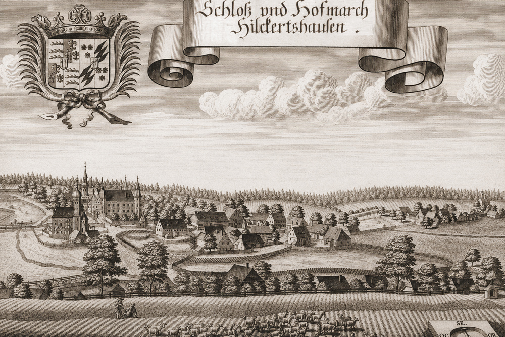 Schloss Hilgertshausen – Kupferstich von Michael Wening aus der „Historico topographica descriptio Bavariae“, 1701 Schloss Hilgertshausen im Landkreis Dachau