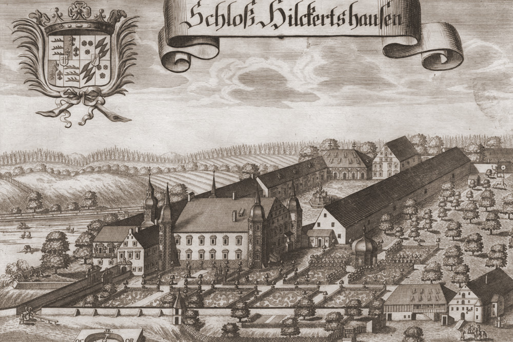 Schloss Hilgertshausen – Kupferstich von Michael Wening aus der „Historico topographica descriptio Bavariae“, 1701 Schloss Hilgertshausen im Landkreis Dachau