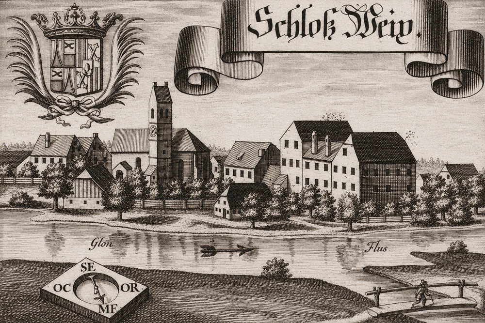 Schloss Weichs (heute Kloster Weichs) – Kupferstich von Michael Wening aus der „Historico topographica descriptio Bavariae“, 1701 Schloss Weichs (heute Kloster Weichs) im Landkreis Dachau