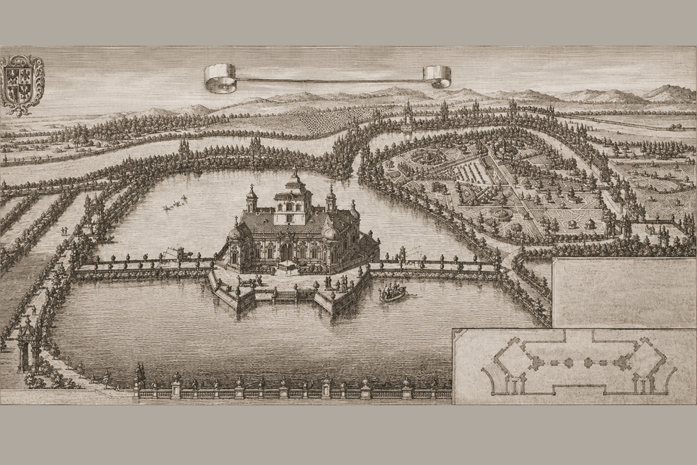 Wasserschloss Favorita – Kupferstich von Michael Wening, 1701 Wasserschloss Favorita im Landkreis Dachau