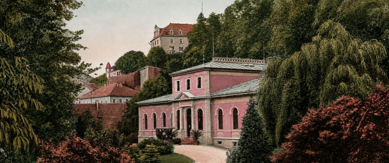 "Baden-Baden - Inhalatorium und Blick auf das Neue Schloss" - Historische Ansichtskarte, 1914