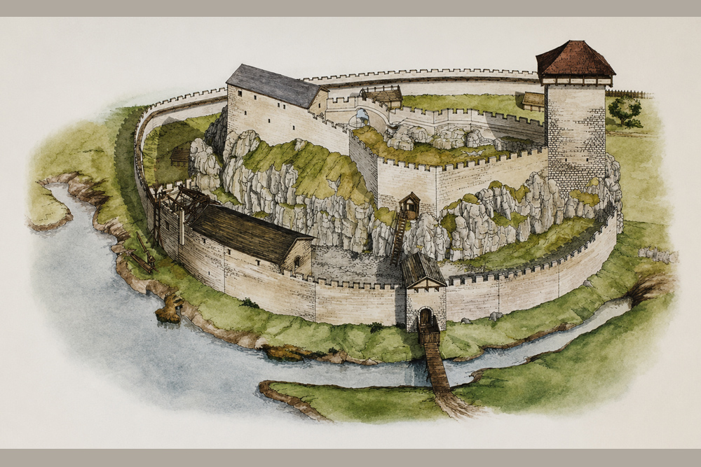 Burg Dollnstein (Tolenstein) - Skizze der Burg, wie sie um 1250 ausgesehen haben soll Burg Dollnstein (Tolenstein) im Landkreis Eichstätt