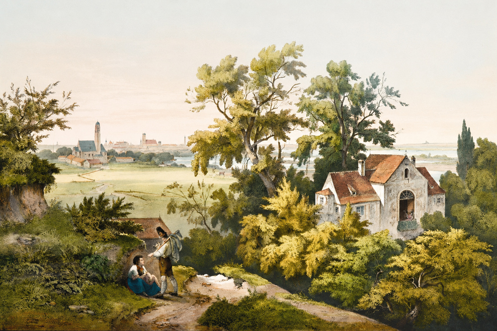 Adam-Schlössl (München) (Maria Einsiedeln)"Maria Einsiedel. Blick von der Anhöhe auf das von hohen Bäumen umstandene Adam-Schlößl" - Lithographie von Albert Kirchner, 1840 Adam-Schlössl (München) (Maria Einsiedeln) in München