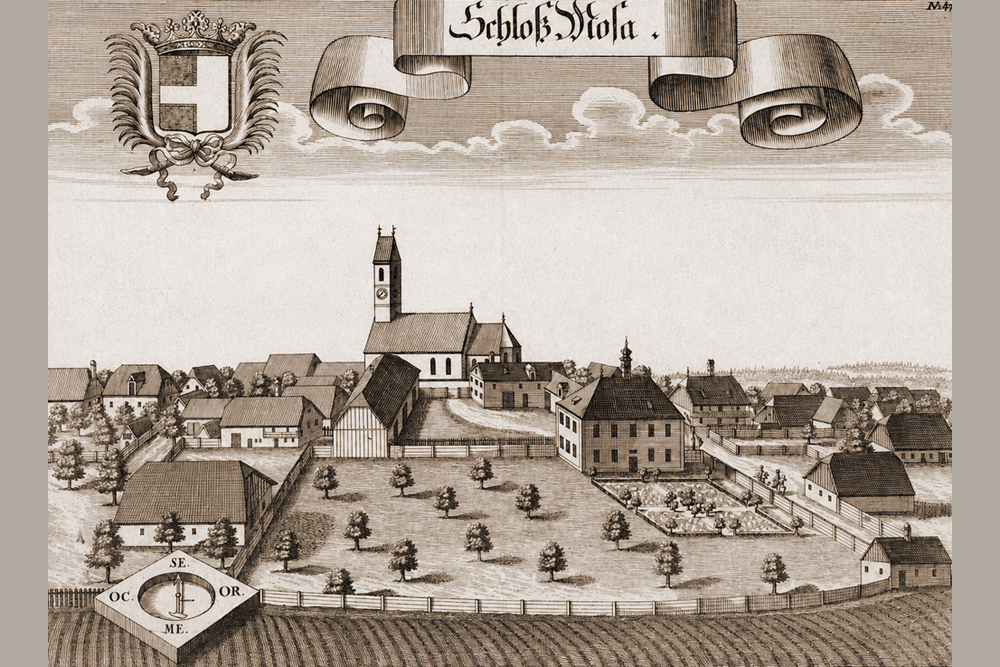 Pelkovenschlössl (Schloss Moosach) - Kupferstich von Michael Wening, 1701 Pelkovenschlössl (Schloss Moosach) in München