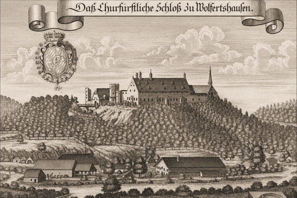 Burg Wolfratshausen (Schloss) - „Daß Churfürstliche Schloß zu Wolfertshausen“ – Kupferstich von Michael Wening, 1701 Burg Wolfratshausen (Schloss) im Landkreis Bad Tölz-Wolfratshausen
