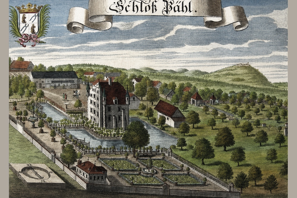 Unteres Schloss Pähl - "Schloß Pähl" - Kolorierter Kupferstich von Michael Wening, 1740 Unteres Schloss Pähl im Landkreis Weilheim-Schongau