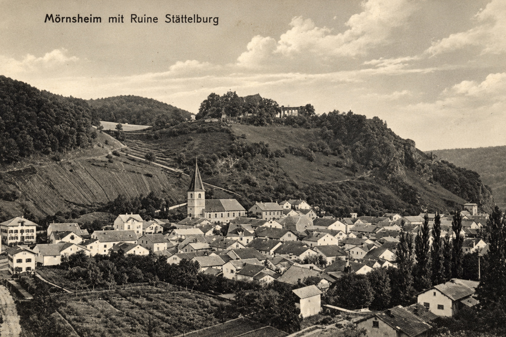 Burg Mörnsheim (Staffelburg) - Historische Echtfotokarte (Fliegeraufnahme, 1938 gelaufen Burg Mörnsheim (Staffelburg) im Landkreis Eichstätt
