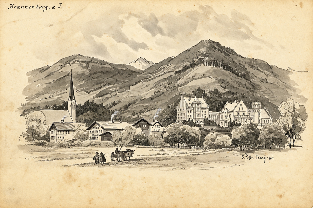 Schloss-Brannenburg-1904-Originalzeichung-Vorlage-Ansichtskarte-Eugen-Felle-KI-web