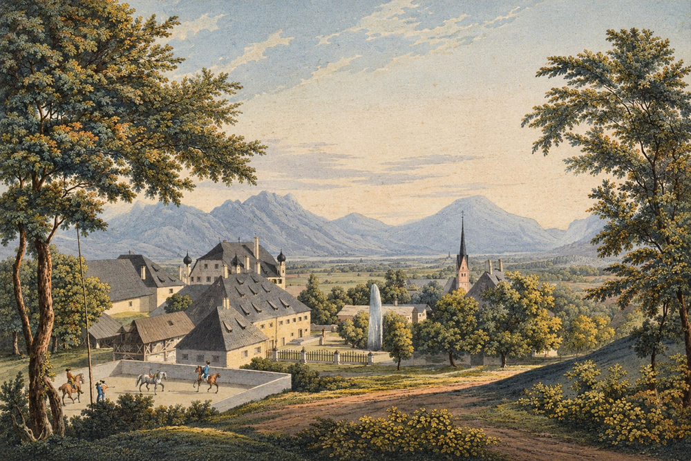 Schloss-Brannenburg-Altkolorierte-Umrissradierung-von-Simon-Warnberger-nach-Georg-von-Dillis-um-1800-KI-web