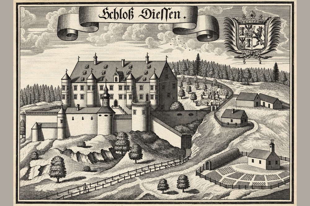 Schloss Unterdießen - „Schloß Diessen“ – Kupferstich von Michael Wening, 1701 Schloss Unterdießen im Landkreis Landsberg am Lech