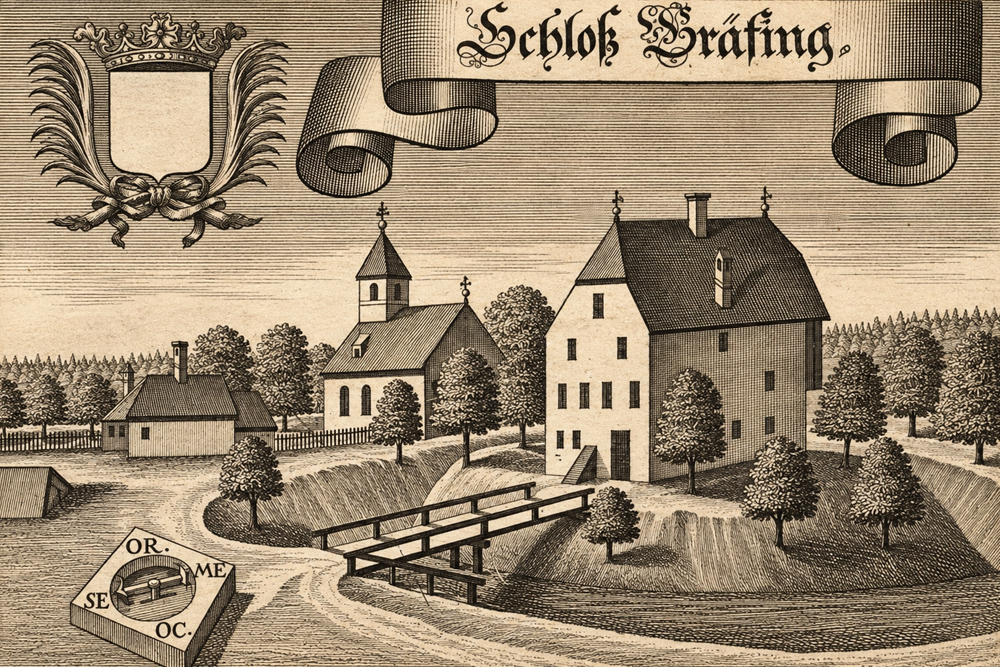 Schloss Grafing (Neumarkt-Sankt Veit) (Gräfing) - „Schloß Gräfing“ – Kupferstich von Michael Wening, 1723 Schloss Grafing (Neumarkt-Sankt Veit) (Gräfing) im Landkreis Mühldorf am Inn