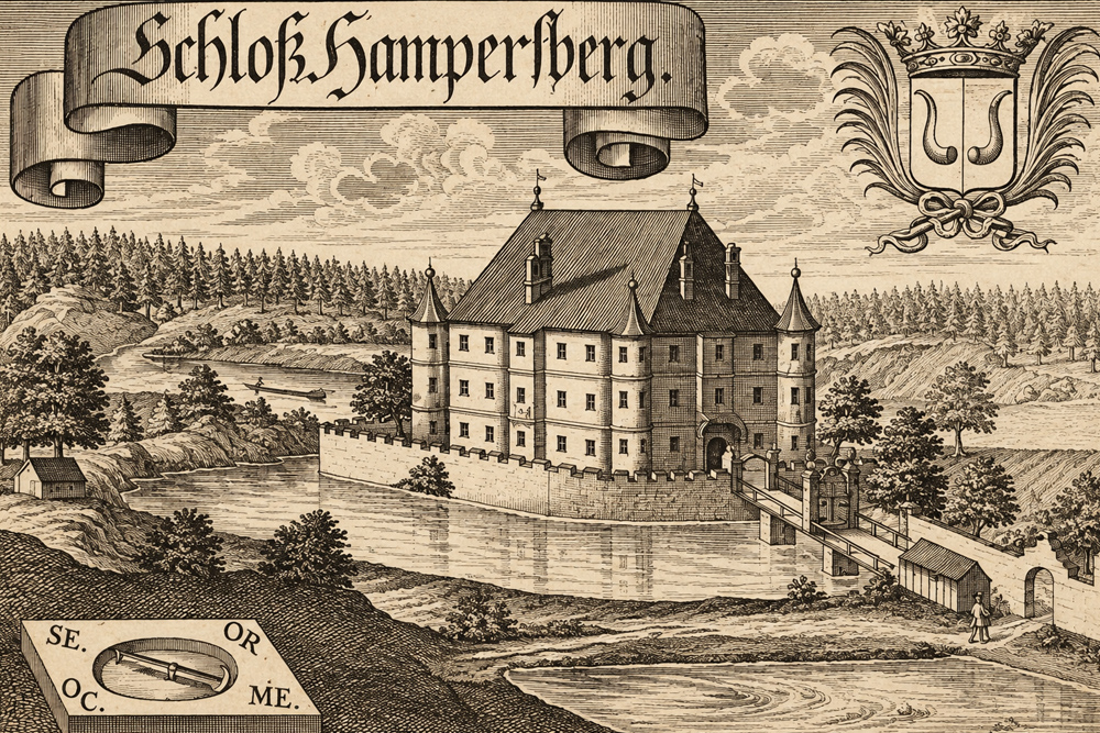 Schloss Hampersberg - „Schloß Hampersperg“ – Kupferstich von Michael Wening, 1701 Schloss Hampersberg im Landkreis Mühldorf am Inn