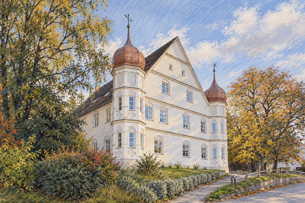 Schloss Kinsau - Pastellzeichnung Schloss Kinsau im Landkreis Landsberg am Lech