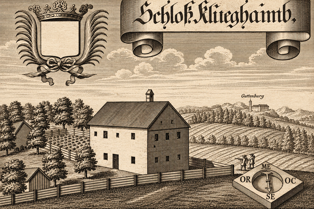 Schloss Klugham (Polling) - „Schloß Klueghaimb“ – Kupferstich von Michael Wening, 1721 Schloss Klugham (Polling) im Landkreis Mühldorf am Inn