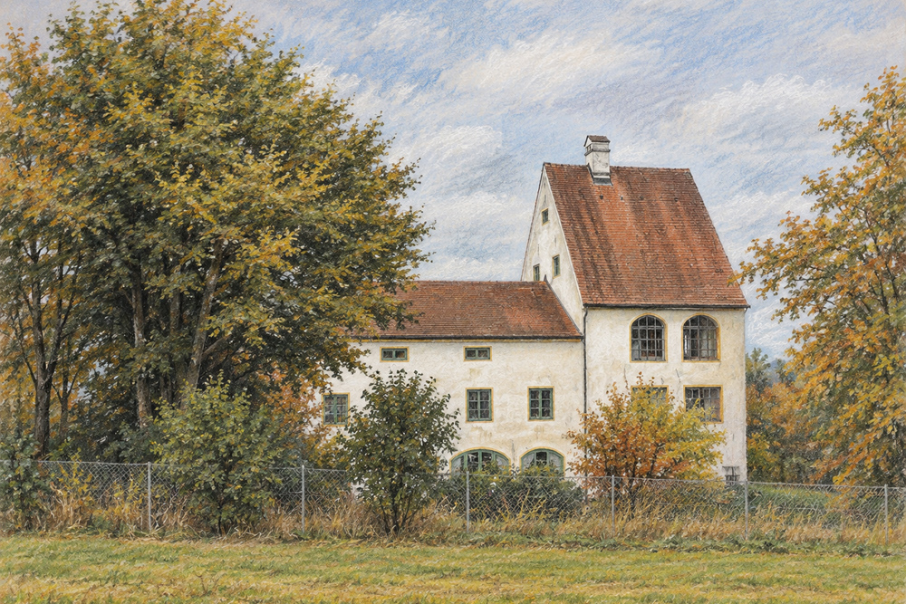Schloss Weikertsham - Pastellzeichnung Schloss Weikertsham im Landkreis Rosenheim