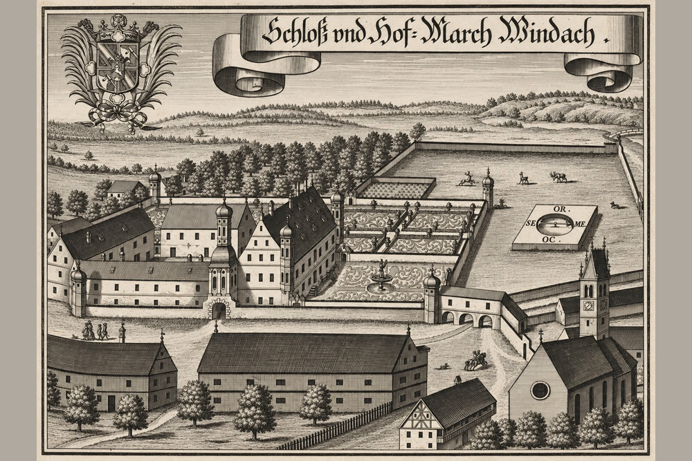 Schloss Windach - „Schloß und Hof=March Windach“ – Kupferstich von Michael Wening, 1701 Schloss Windach im Landkreis Landsberg am Lech