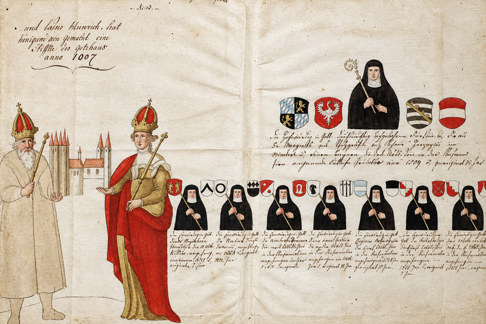 Benediktinerinnenkloster (Neuburg an der Donau) - „Kaiser Heinrich II. und seine Gemahlin Kunigunde und die „Äbtissinnen in der Kloster-Reformation“ – Tuschfeder und Aquarell (Reproduktion) von Joseph Benedikt Graßegger, um 1835 Benediktinerinnenkloster (Neuburg an der Donau) im Landkreis Neuburg-Schrobenhausen