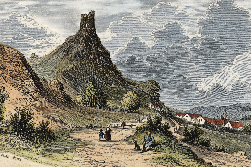 Burg Hütting - „Burg Hütting“ – Holzstich des englischen Illustrators Josiah Wood Whymper, Mitte des 19. Jahrhunderts Burg Hütting im Landkreis Neuburg-Schrobenhausen