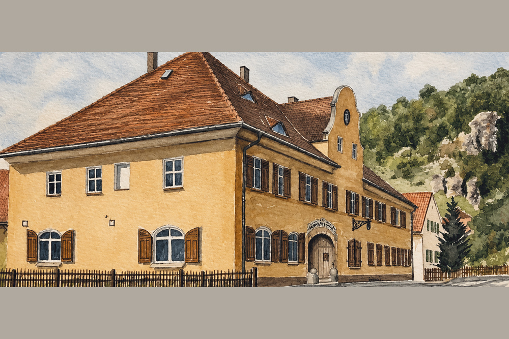 Burg Hütting - Gasthaus - Aquarell Burg Hütting im Landkreis Neuburg-Schrobenhausen