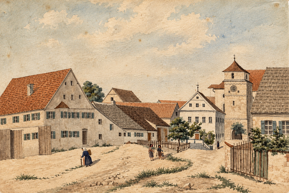 Kloster Bergen (Neuburg an der Donau) (ehemaliges Kloster der Benediktinerinnen) - „Kloster Bergen“ – Historisches Aquarell, 1856 Kloster Bergen (Neuburg an der Donau) (ehemaliges Kloster der Benediktinerinnen) im Landkreis Neuburg-Schrobenhausen