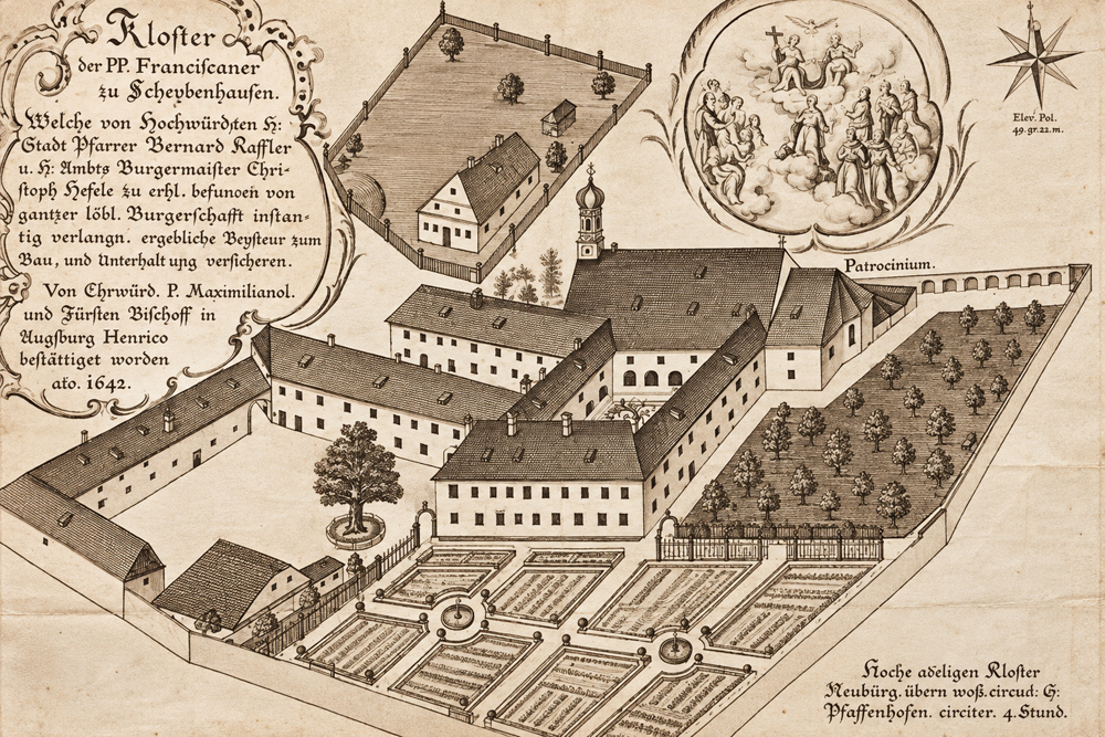 Franziskanerkloster Schrobenhausen - „Franziskanerkloster Schrobenhausen“ – Historische Ansicht Franziskanerkloster Schrobenhausen im Landkreis Neuburg-Schrobenhausen